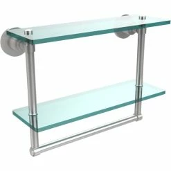 Outlet ❤️ Allied Brass Washing Square Collection 16-inch Two Tiered Glass Shelf With Integrated Towel Bar 🎉
